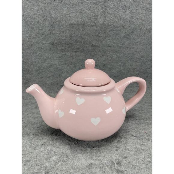 Terramoto Ceramic Pink and White Heart Polka Dot Tea Pot Valentines Day Crazing - Picture 2 of 7